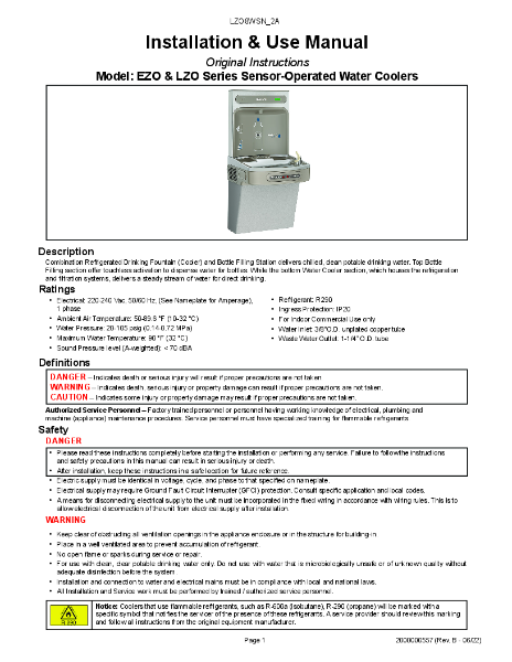 Elkay LZO8WSS2KN Installation & Use Manual