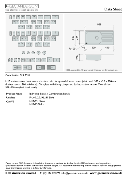GEC Anderson Data Sheet - Sink Bowl: M10 L