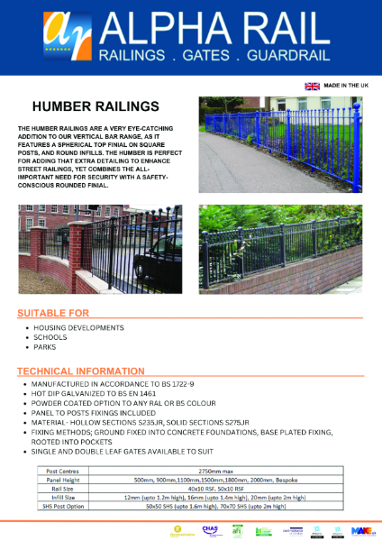 Humber Railings Data Sheet