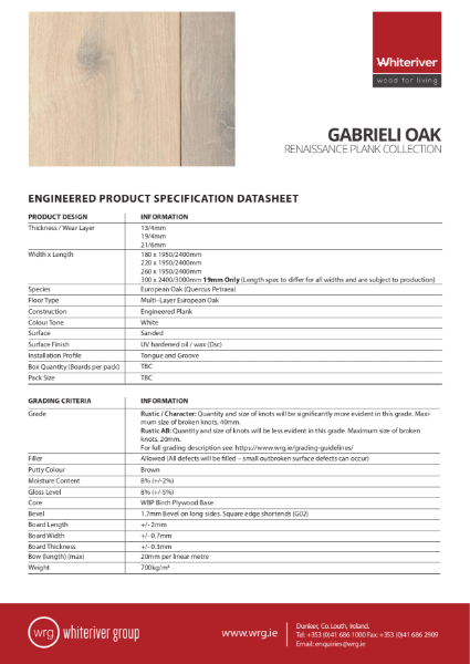 Renaissance Oak Gabrieli Plank Spec Sheet