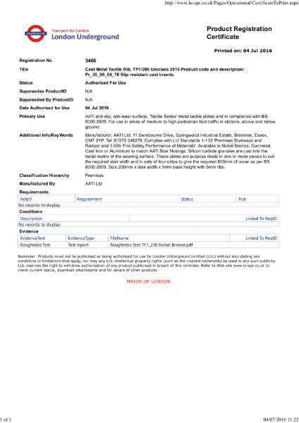 AATi certificate for AATi Anti-slip Corduroy Tacile Plate ref TP1 200