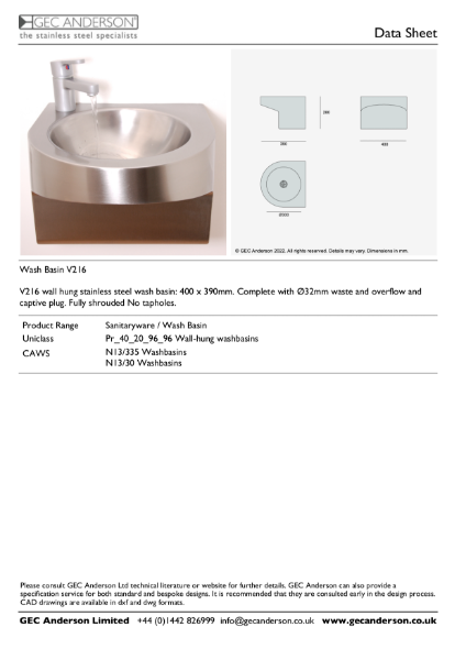 GEC Anderson Data Sheet - Wash Basin V216