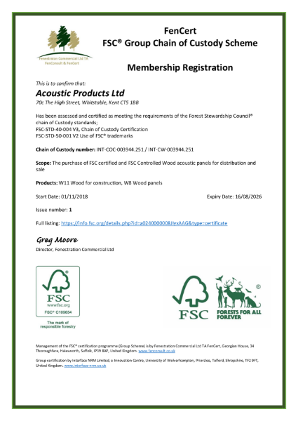 FSC Certificate - Acoustic Products - Group Chain of Custody Scheme