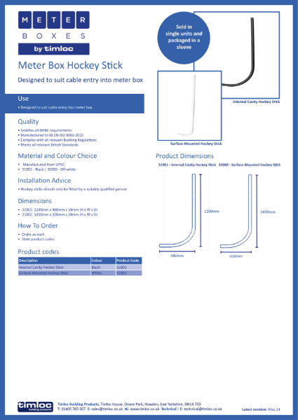Timloc Building Products Meter Box Hockey Sticks Datasheet