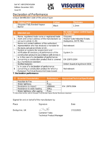 VCL UKCA Visqueen Fully Bonded Vapour Barrier Declaration of Performance