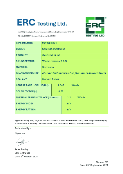U-Values Test Result - Casement window (Modern Profile)