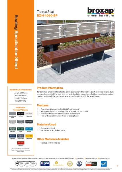 Tiptree Seat Specification Sheet