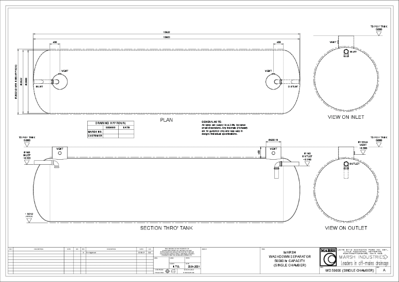 WASH DOWN - 50000L - SINGLE CHAMBER - BRIDGEWATER TANK (2.5m dia x 10.6m lg)