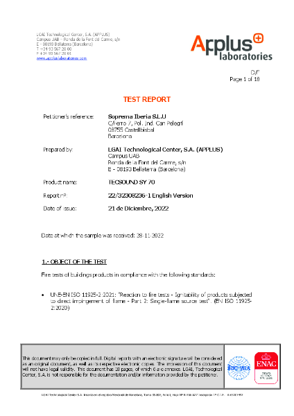 Tecsound® SY70 Fire Certification