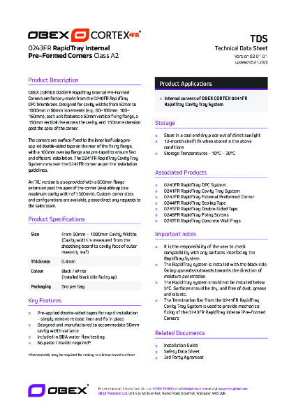 OBEX CORTEX 0243FR RapidTray Internal Pre-Formed Corners TDS