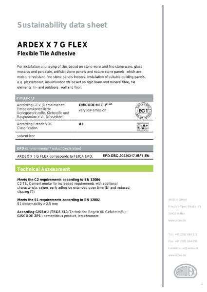 ARDEX X 7  Sustainability Data Sheet