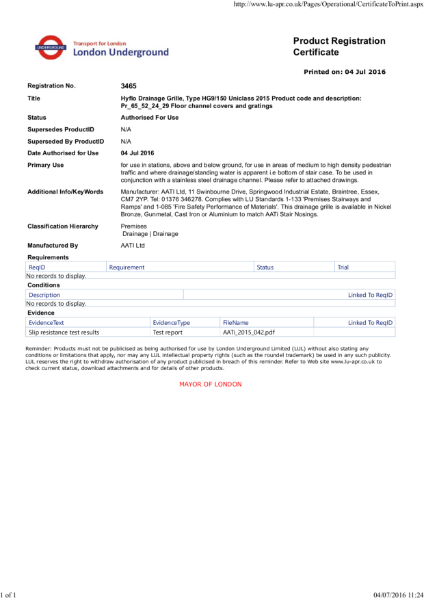 AATi certificate for AATi Anti-slip Drainage Grille ref HG9 150 Hyflo