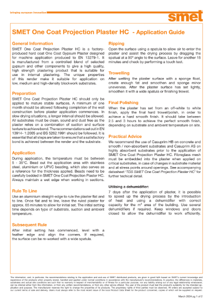 Application Guide - SMET One Coat Projection Plaster HC