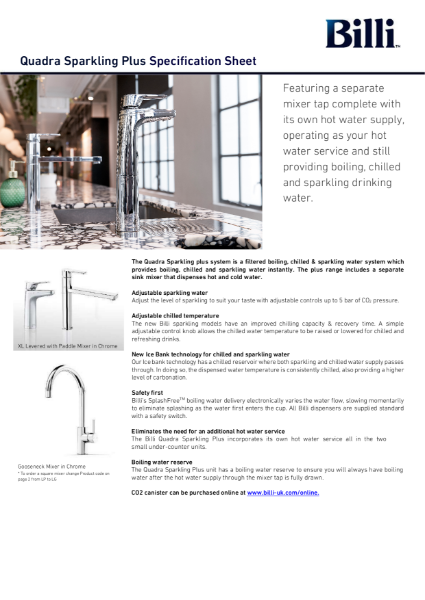 Billi Quadra Sparkling Plus - Filtered Water System - Data Sheet