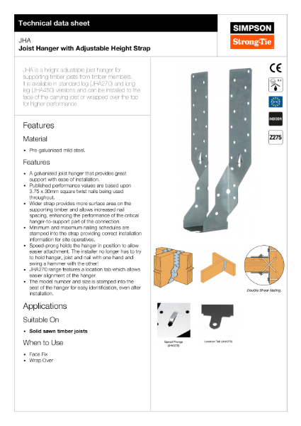 JHA: Joist Hanger with Adjustable Height Strap Technical Data Sheet