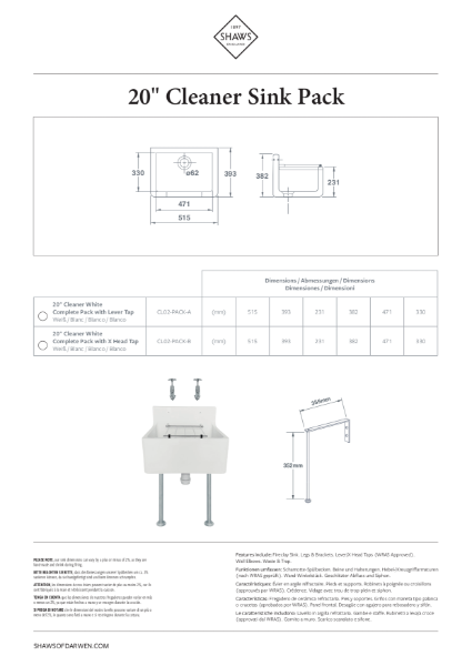 20" Low Back Cleaner Sink Pack - PDS