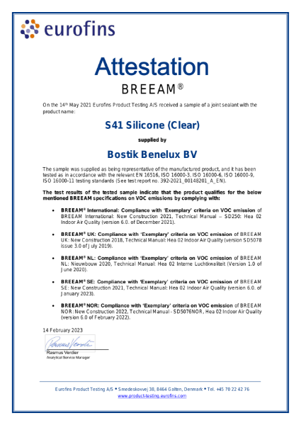Bostik S41 Silicone (Clear) BREEAM Attestation