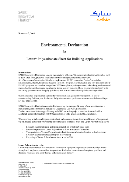 Environmental declaration for Lexan polycarbonate sheet for building applications