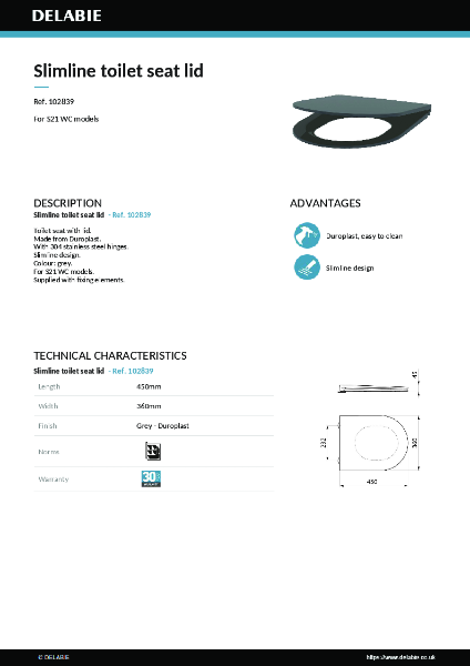 Slimline grey toilet seat lid 102839 data sheet