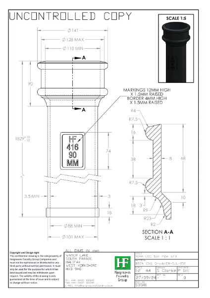 90mm (3.5") Plain LCC Soil Pipe Drawing