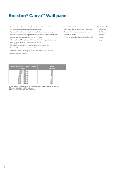 Rockfon® Canva™ Wall Panel Datasheet