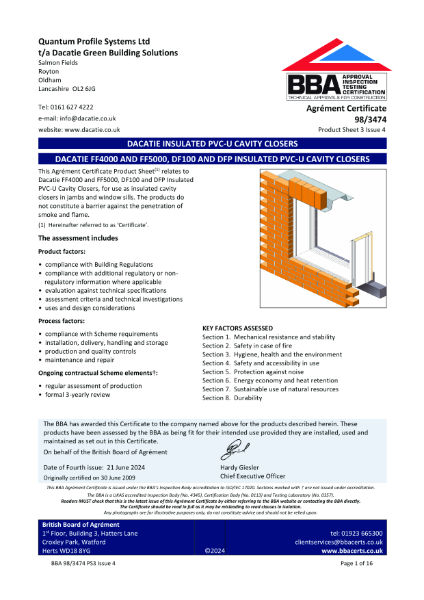 BBA Cert: Dacatie FF4000, FF5000, DF, and DFP  Insulated PVC-U Frame Formers 