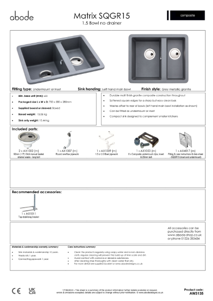 AW3135 (Grey Metallic Granite. 1.5 Bowl, No Drainer) - Consumer Specification