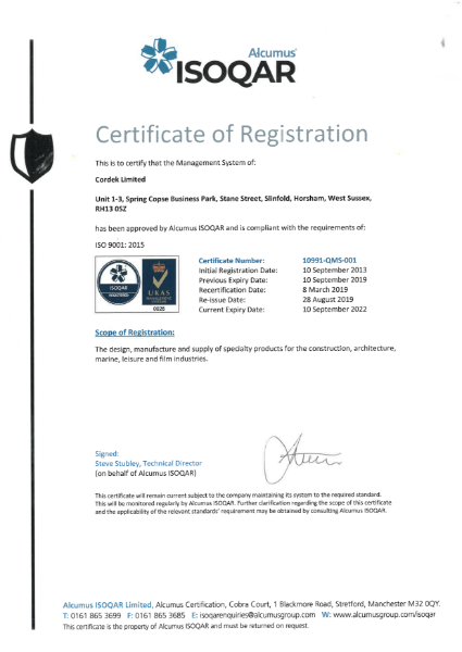 ISO 9001 Certificate - Cordek Ltd