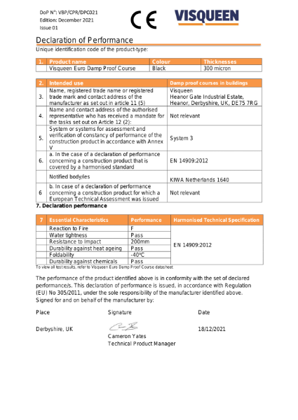 DPC CE Visqueen Euro Damp Proof Course Declaration of Performance