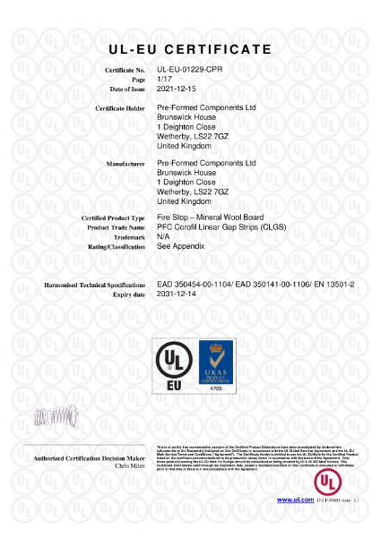 PFC Corofil Linear Gap Strips CLGS - UL-EU Certificate: 01229-CPR