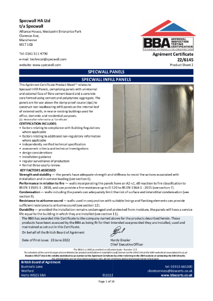 Specwall - BBA Certificate - Infill Panels