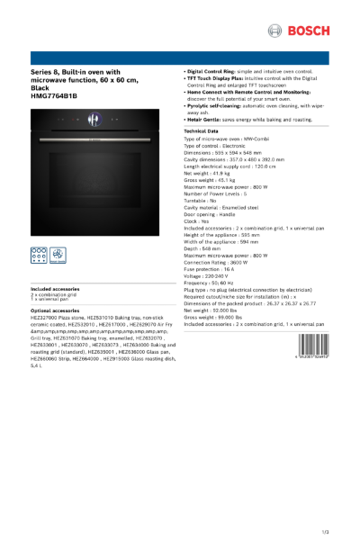 Series 8, Built-in oven with
microwave function, 60 x 60 cm,
Black
HMG7764B1B