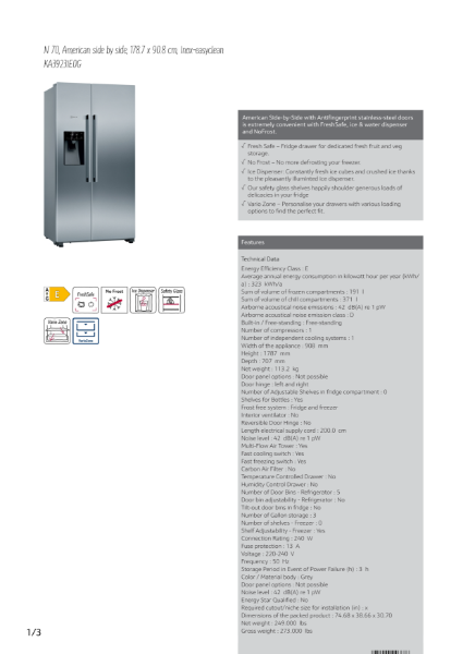 N 70, American side by side, 178.7 x 90.8 cm, Inox-easyclean
KA3923IE0G