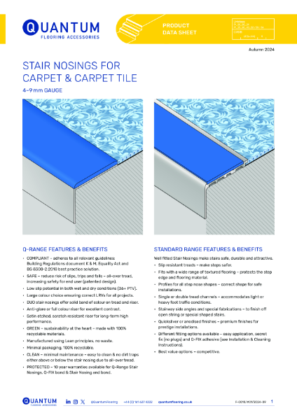 Carpet and Carpet Tile Stair Nosings (3.5mm to 9mm gauge) Product Data Sheet 2025