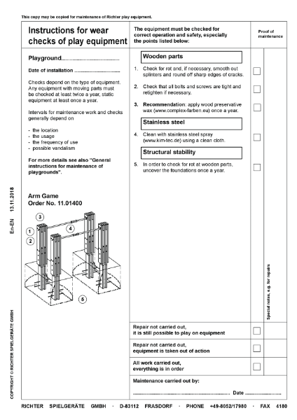 11.01400 - Arm Game - Maintenance Instructions