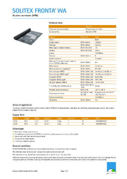 Solitex Fronta WA Technical Datasheet