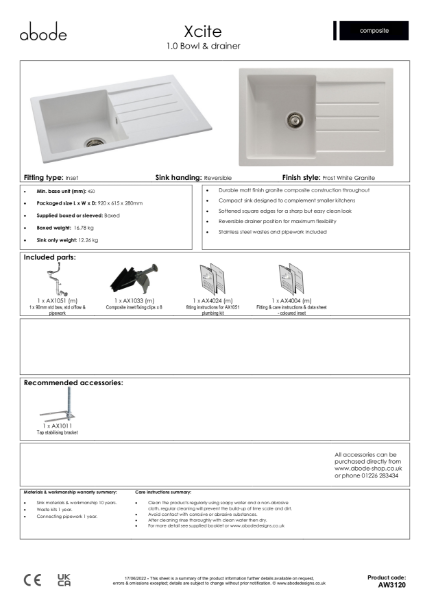 AW3120. Xcite Granite Inset Sink, 1.0 Bowl (Grey Metallic) -  Consumer Spec