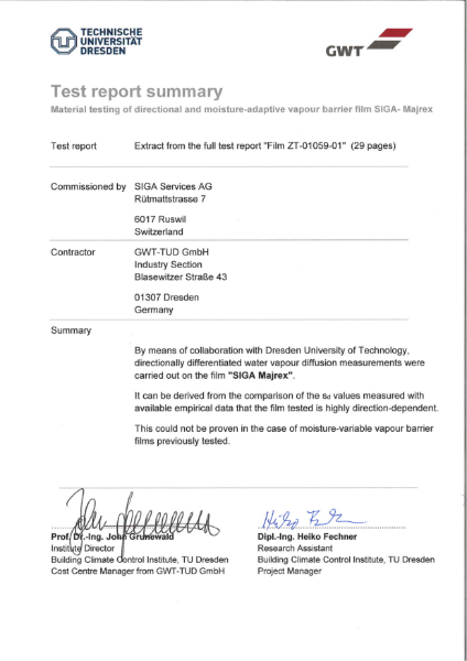 TU Dresden Vapour Directional AVCL test report SIGA Majrex