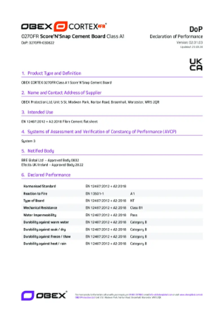 OBEX CORTEX 0270FR Class A1 Score’N’Snap Cement Sheathing Board - DoP