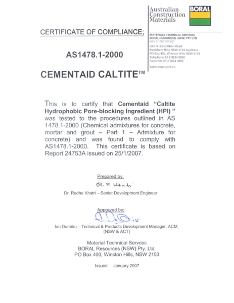 Certificate of Compliance - Cementaid Caltite™