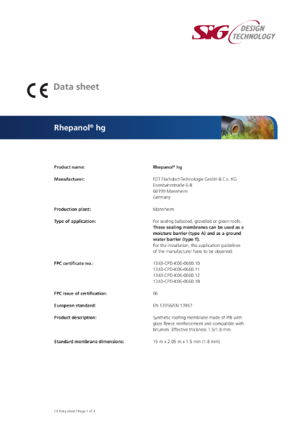 FDT Rhepanol hg PIB Single Ply Roofing Membrane Datasheet