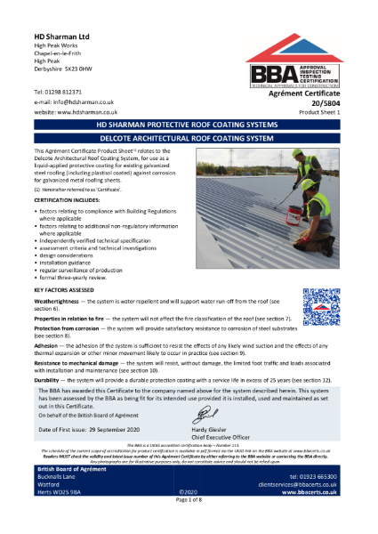 20/5804 Delcote architectural roof coating BBA