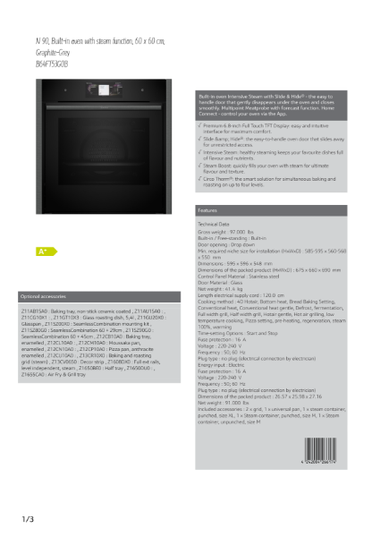 Single oven Slide and Hide door Graphite grey trim B64FT53G0B, Datasheet