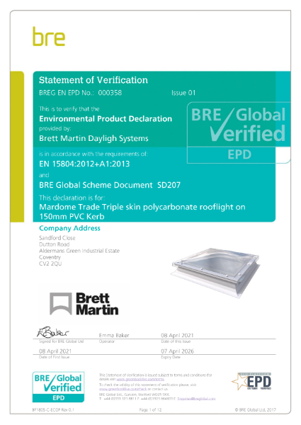 BRE EPD Certificate - Brett Martin Mardome Trade Rooflight
