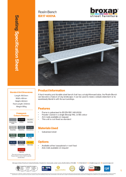 Roslin Bench Specification Sheet