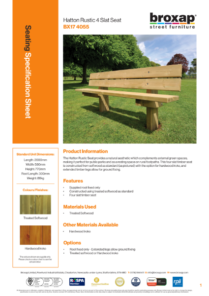 Hatton Seat Specification Sheet