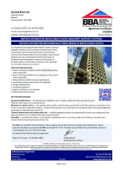 Nexus XI Brick Faced Lintels BBA Certificate