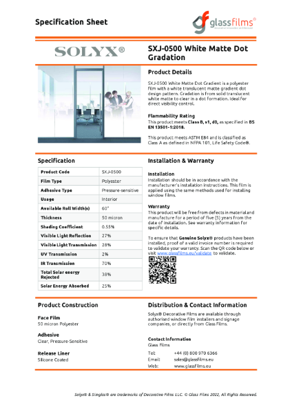 SXJ-0500 White Matte Dot Gradation Specification Sheet