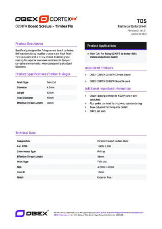 OBEX CORTEX 0291R Board Screws - Timber Fix Technical Data Sheet
