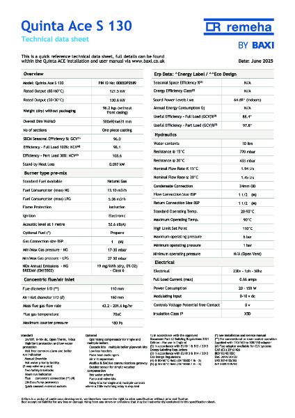 Baxi Quinta Ace S 130 - Technical Specification